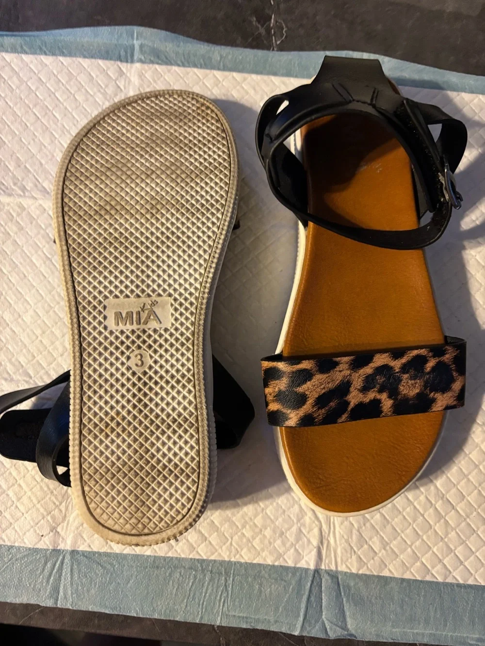 MIA Girls Leopard Print and Black Ankle Strap Sandals